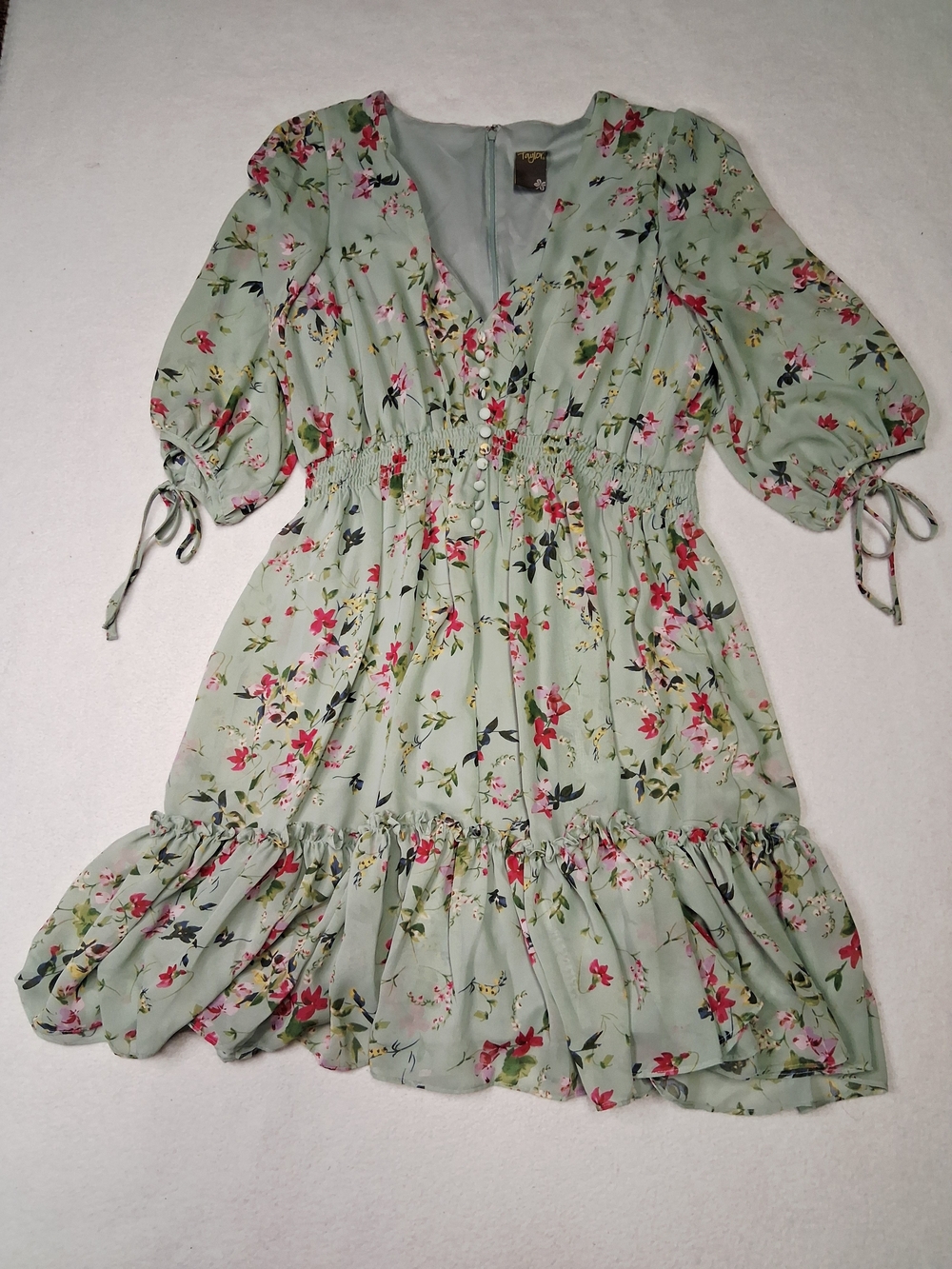Taylor Mint Green Floral Tie-Sleeve Ruffle Dress